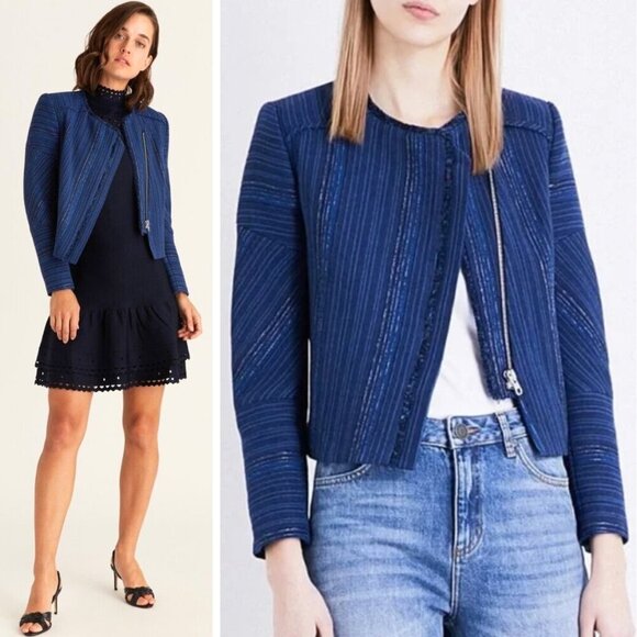 Sandro Egyptian Blue Asymmetrical Woven Denim Blazer Jacket French Denim Boho - Picture 1 of 11